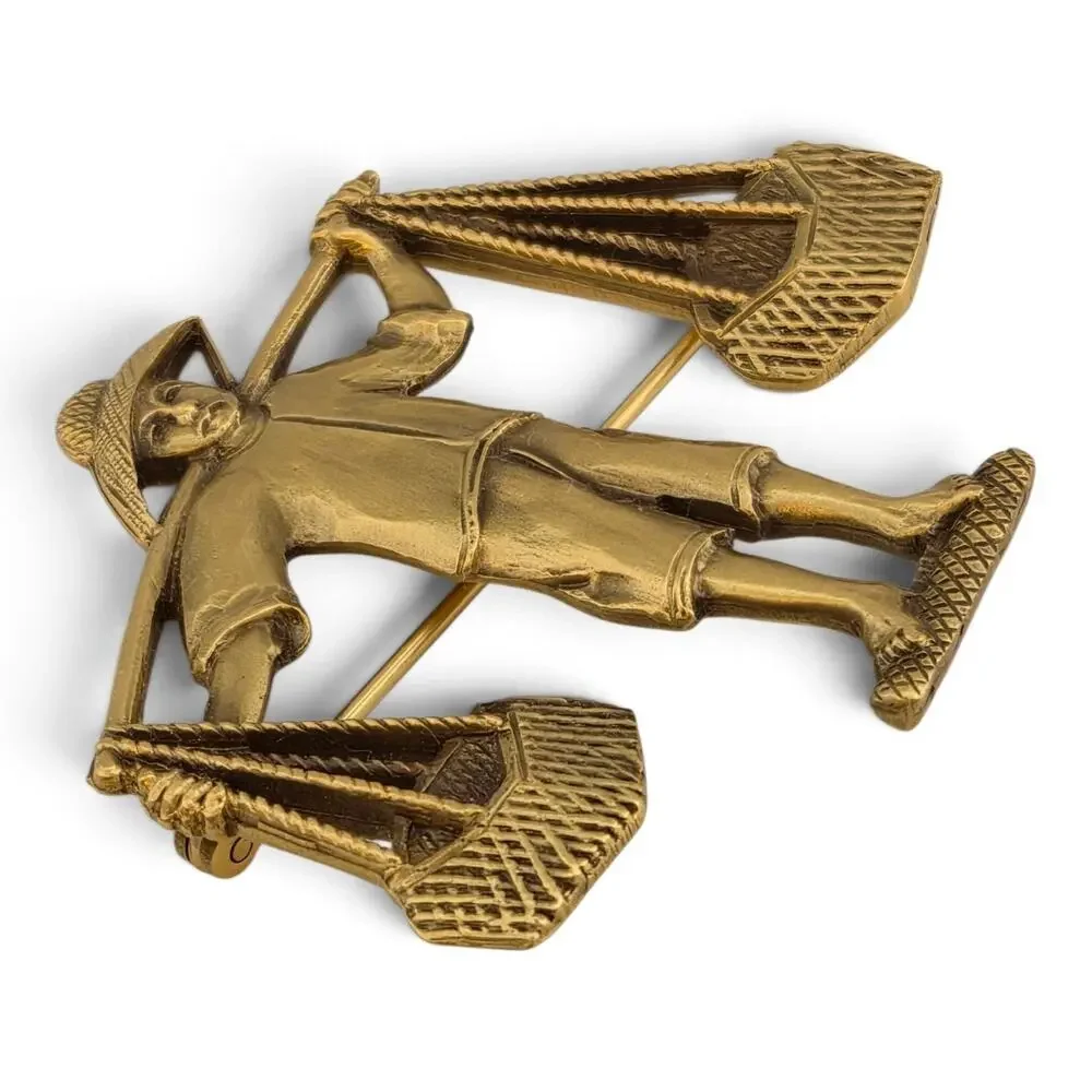 Vintage PEM Asian Figural Brooch Basket Carrier Gold Tone Signed